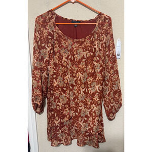 Tamara H. Top Blouse Plus 1X Red Floral Chiffon Cottagecore Peasant Flowy